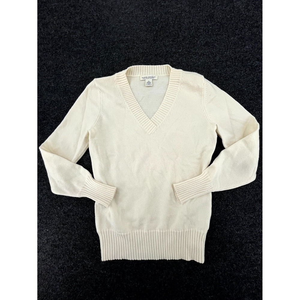 Vintage Banana Republic Sweater Womens Small Beige Merino Wool Tight Knit V Neck